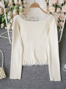 蕾丝拼布针织露肩长袖上衣，仿纽扣开合，性感优雅的女士毛衣，适合外出约会，秋冬 - 杏色 - 查看 7