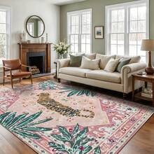 1pc Luxury Vintage Tiger & Floral Striped Totem Area Rug, Soft Faux Wool Wild Animal Farmhouse Style Washable Decorative Carpet For Living Room, Bedroom, Entryway, Bathroom, Hallway, Patio, Kitchen, Indoor Outdoor, All Season Large Mat - Light Pink - Home Decor - Multicolor - View 5