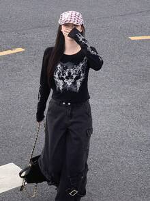 Women's Retro Floral Print Long Sleeve T-Shirt, Summer Casual Spring - Black - View 8