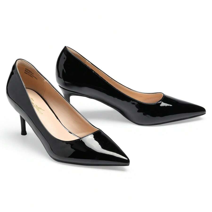 Zapatos de tacón bajo de 5 cm, cerrados, con punta puntiaguda, cortos, sexys y cómodos, ideales para el trabajo, la oficina, citas, graduaciones, fiestas, bodas y iglesias. - Negro - Ver 1