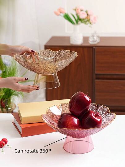 1pc Flower-Shaped Rotating High-Foot Gold-Rimmed Tray, 360-Degree Rotation, PET Material, Unbreakable, Reusable Fruit/Dessert/Snack/Bread Serving Tray, Suitable For Festivals, Parties, Dinners, Living Room Decor