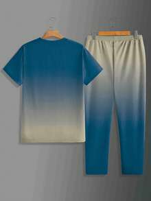 Bộ 2 món/Bộ áo thun nam cổ tròn tay ngắn màu ombre thoải mái, mềm mại cao cấp kèm quần jogger, trang phục phổ biến - Màu xanh lam - Xem 3