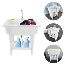 Freestanding Plastic Laundry Sink With Washboard, Indoor And Outdoor Utility Sink With Cold And Hot Water Faucet, Hoses And Drain Kit For Laundry Room, Garage, Basement, Garden - White - View 5