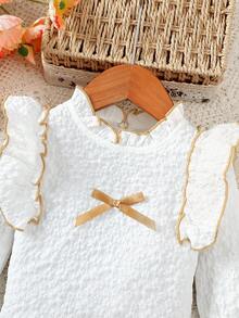 2pcs/Set Baby Girl Outfit, Autumn/Winter Adorable Lady-Like Fashion Ruffle Collar Long Sleeve Top + Bow Decor Skirt Set, Suitable For School Season, Perfect Outdoor Gift - Brown - View 2