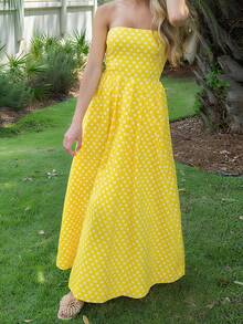 Women Dot Print Strapless Dress Off Shoulder Sleeveless A-Line Long Dress With Pockets For Daily Travel Party - Màu vàng - Xem 2
