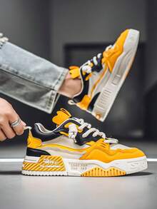New Men Skate Shoes Patchwork Casual Lace-Up Low-Top Versatile Comfortable Outdoor Sports Sneakers, Suitable For All Seasons - Màu vàng - Xem 5