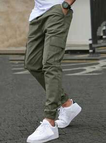 1pc Teen Boy Casual Straight Leg Drawstring Waist Cargo Pants, Spring/Autumn/Winter - Army Green - View 3