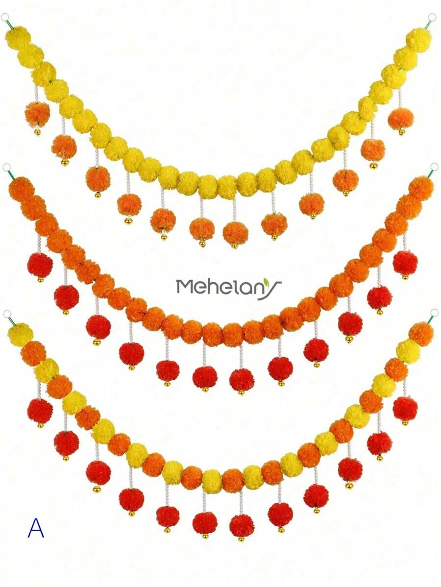 MEHELANY 1 件 4.6 英尺万寿菊花环橙色长排灯节装饰带 30 个悬挂振动球排灯节装饰万寿菊花环，人造万寿菊花，适用于婚礼万圣节装饰、秋季装饰、秋季派对装饰、亡灵节装饰品、感恩节装饰、DIY 万寿菊花环 - 彩色 - 查看 1