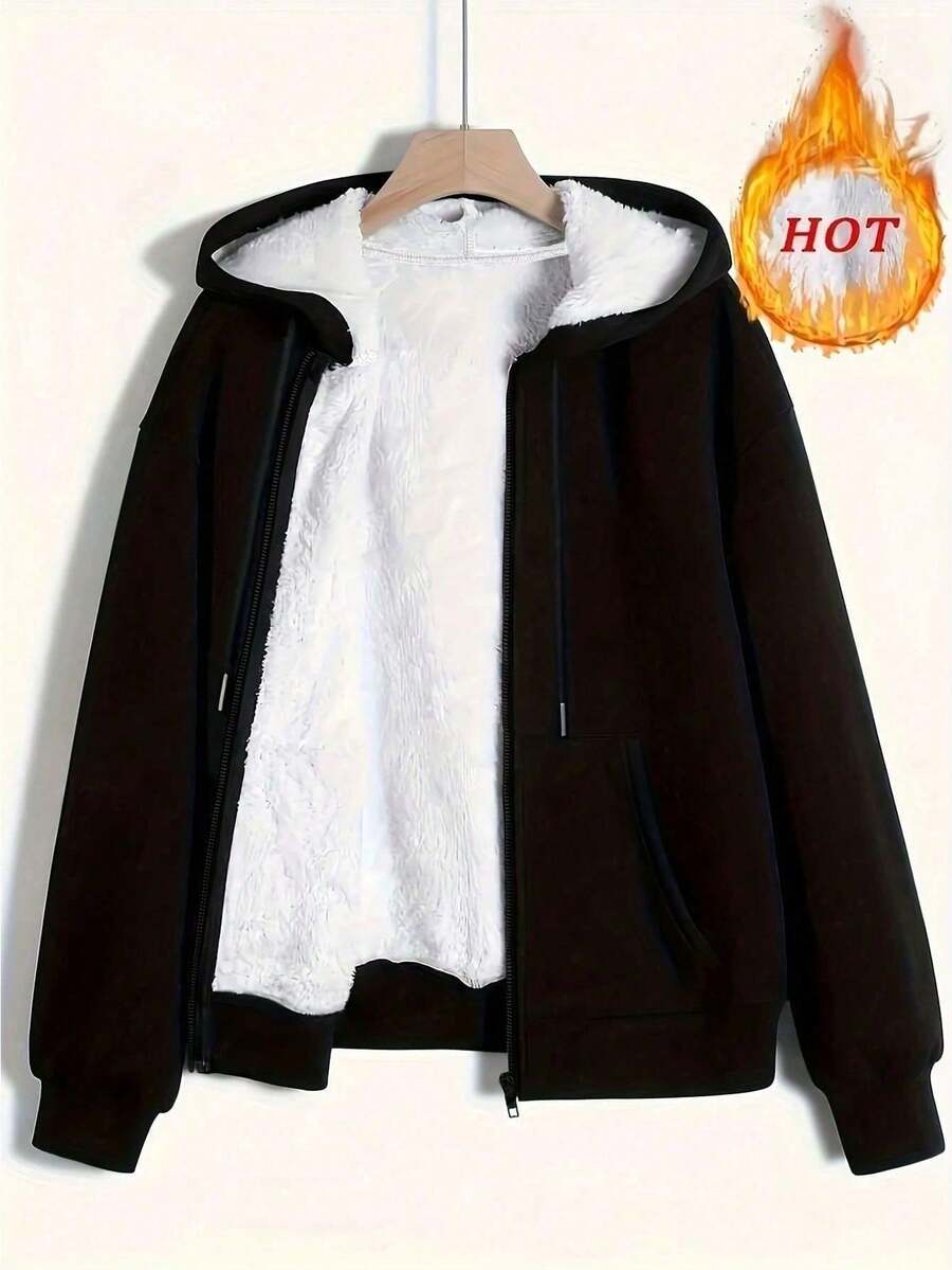 Plus Size Women Solid Color Fleece Zip-Up Jacket, Basic Style, Warm For Autumn/Winter - Black - View 1