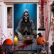 2D Halloween Skeleton Grim Reaper Door Curtain, Made Of Elastic Nylon Polyester, Reusable Immersive Horror Decor, Entrance Decoration For Holiday Party, Christmas, Halloween And Winter Celebrations, No Power Required