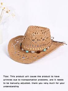 1 件纯色波西米亚休闲串珠宝石镂空防紫外线装饰编织巴拿马帽，时尚百搭，适合所有季节 - 巴拿馬草編帽 - 查看 17