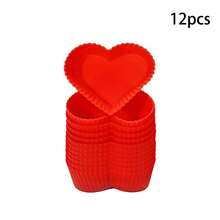 12/24 件硅胶心形可重复使用烘焙杯 - 不粘纸杯蛋糕衬垫，非常适合情人节烘焙、松饼和甜点装饰
