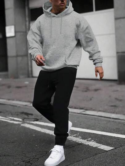 Men's Solid Color Drop Shoulder Long Sleeve Drawstring Hoodie And Sweatpants Casual Loose Suit, Autumn