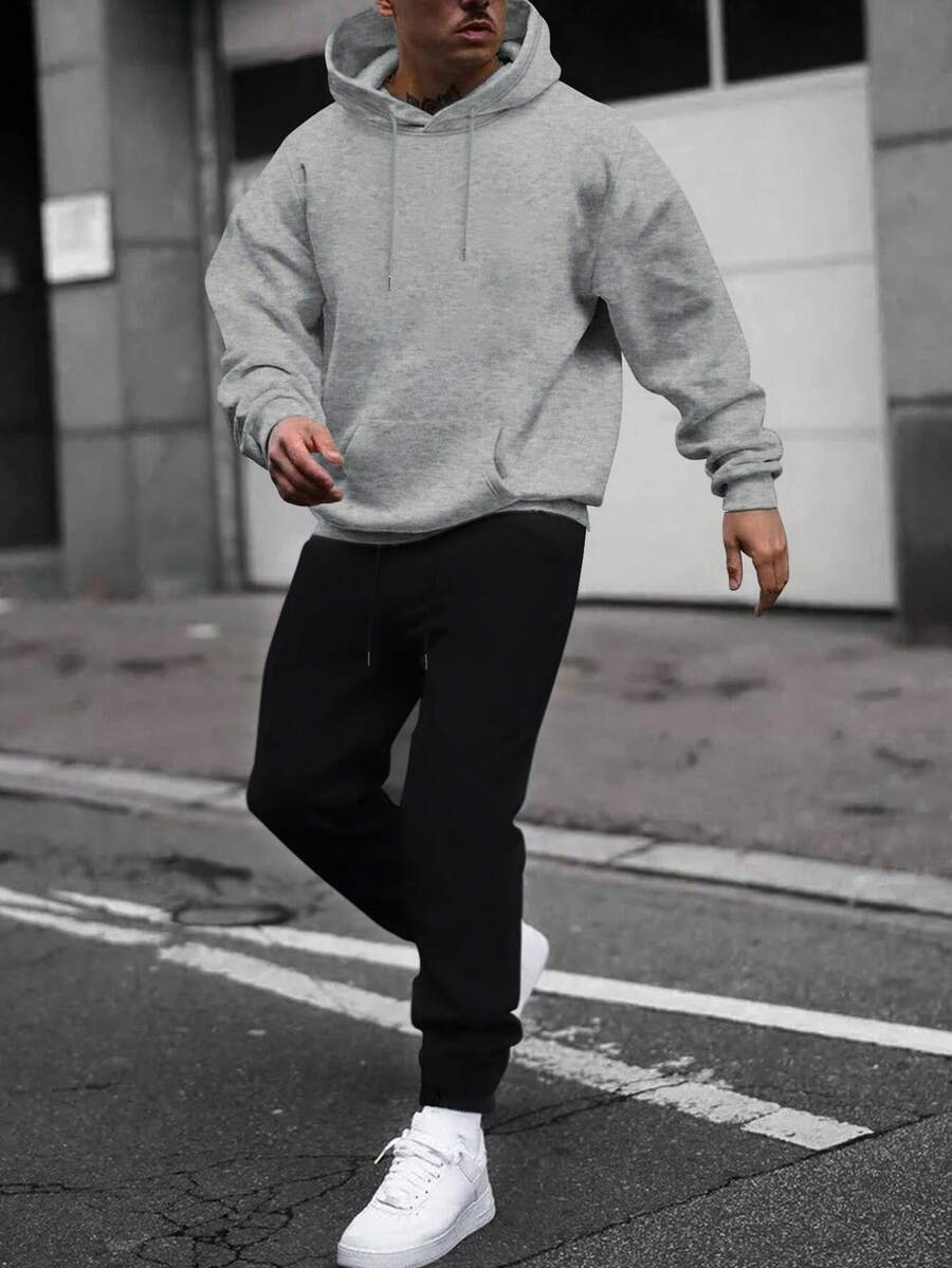 男士纯色落肩长袖抽绳连帽衫和运动裤休闲宽松西装，秋季