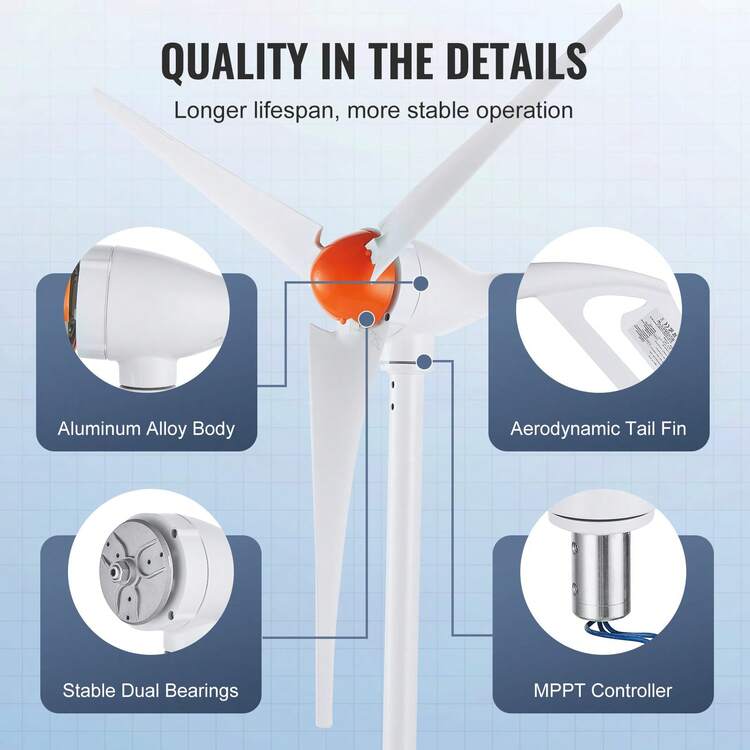 Generador de turbina eólica de 500 W, kit de turbina eólica de 12 V, generador de energía eólica de 3 palas con controlador MPPT, dirección de barlovento ajustable y velocidad del viento de arranque de 2,5 m/s, adecuado para el hogar, granja, vehículos recreativos, barcos - Naranja - Añade 6