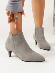 秋冬灰色踝靴，新款秋季优雅简约百搭尖头绒面革侧拉链细跟踝靴，女士靴子 - 灰色 - 查看 3