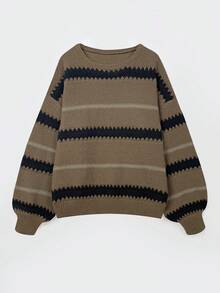 Sweater Pullover Longgar Bergaris Kasual Wanita dengan Bahu Jatuh - MultiWarna - View 6