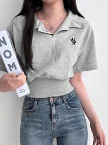 YCYC 韓式刺繡設計通勤百搭女款休閒短袖翻領T恤 夏季 - 灰色 - 查看 3