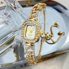 1pc Women's Square Shaped Gold Case Rhinestone Decor Watch With Diamond Studded Dial, Hip Hop Style Quartz Wristwatch With Adjustable Strap As A Gift For Students Returning To School - 金色 - 查看 2