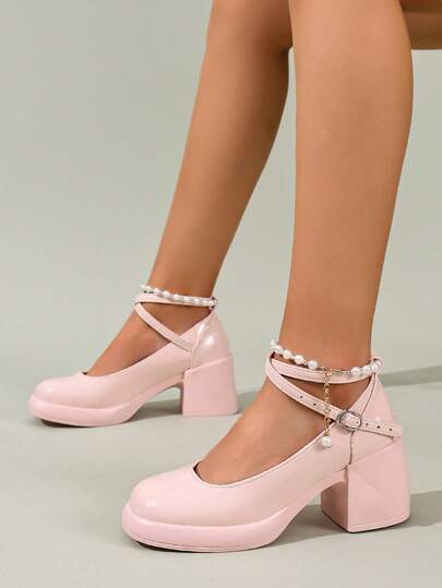 Women's High Heel Mary Jane Pumps, Elegant Criss-Cross Strap Pearl Decor Fashion High Heel Shoes, Comfortable Soft Bottom Beige Leather Pumps, Minimalist Versatile Style