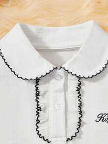 Girls' Polo Shirt, Casual Elegant Ruffle Embroidery Peter Pan Collar Children Long Sleeve T-Shirt, Suitable For 3-12 Years Old Girls, Elementary School Uniform, Preppy Style Collared Long Sleeve Top, Spring Autumn Winter Outerwear - White - View 3