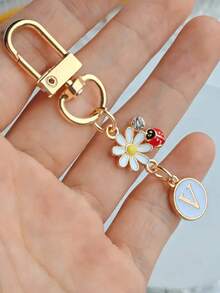 1pc Unisex A-Z Letter Stainless Steel Keychain, Minimalist Letter, Flower, Ladybug Design, Gift For Friends, Bag Pendant - Multicolor - View 20