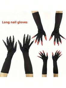 1pair Halloween Long Nail Ghost Gloves, Long Nail Role-Playing Arm Set, Black And White Design, Durable Polyester, Suitable For Theme Parties, Role-Playing Activities And Halloween Decorations, Halloween Costumes, Theme Event Accessories, Eerie Aesthetics, High-Quality Craftsmanship