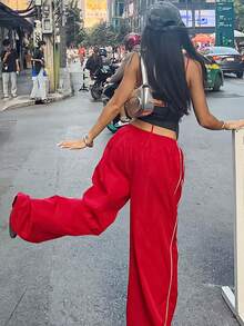 Pantalones cargo de pierna ancha con cintura elástica casual, con tubería de contraste, estilo vintage americano de la década de 2000 para volver al colegio en otoño - Rojo - Ver 2