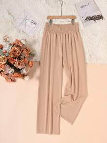 Women High Waist Straight Leg Loose Solid Color Pleated Trousers - Khaki - View 4