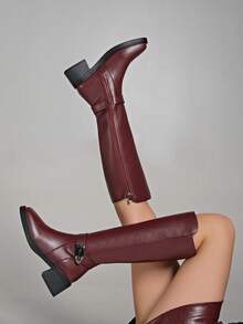 Fall/Winter 2025 New Mid-Heel Knee-High Boots, Simplistic Motorcycle Riding Style, Versatile For Women - Burgundy - View 6