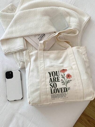 “耶稣爱你”字母印花购物袋，基督教圣经经文，约翰福音3:16，多口袋休闲手提包，复古字母印花手提包，“耶稣爱你”基督教印花化妆包，大容量手提包，休闲单肩斜挎包