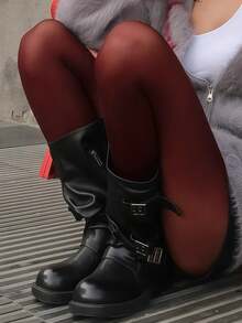 1双加大码女士超柔软纯色半透明连裤袜，尼龙高腰长袜 - 酒紅色 - 查看 4