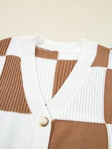 Acelitt Cardigan casual cu imprimeu contrastant și textură, model kaki în carouri, toamnă nouă