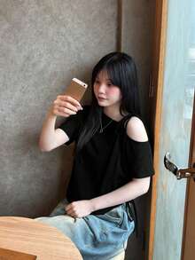 女士纯色斜领春夏短袖抽绳休闲T恤 黑色 - 黑色 - 查看 2