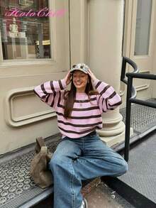 Áo len nữ HoloChill cổ tròn kẻ sọc phối màu, kiểu dáng thường ngày, bộ sưu tập mới mùa hè 2026 nhân dịp Lễ Tình nhân. - Hồng - Xem 2