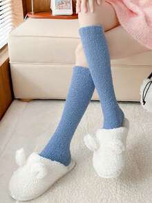 3 Pairs Women's Warm Knee-High Socks, Solid Color Coral Thermal Lined, Thick & Heat Retaining, Soft & Skin-Friendly House Socks For Winter