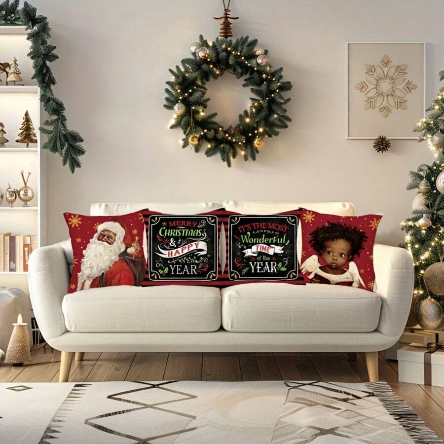 1pc 18x18in Christmas Pillow Cover, Vintage Santa Claus & Angel Holiday Cushion Cover, Hand Wash Striped Zipper Polyester Pillowcase, Suitable For Home And Outdoor Decor, Holiday Porch And Sofa Decor, Pattern Placement Random, Pillow Insert Not Included