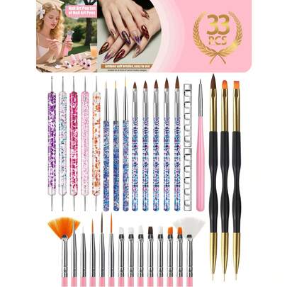 33ชิ้น แปรงทาเล็บ, ชุดเครื่องมือทำเล็บ, เครื่องมือจุด, แปรงปัดฝุ่น, แปรงลายเส้นสำหรับเส้นยาว, ปากกาสำหรับวาดภาพสำหรับอุปกรณ์ออกแบบสีเจล, ชุดแปรงทาเล็บ