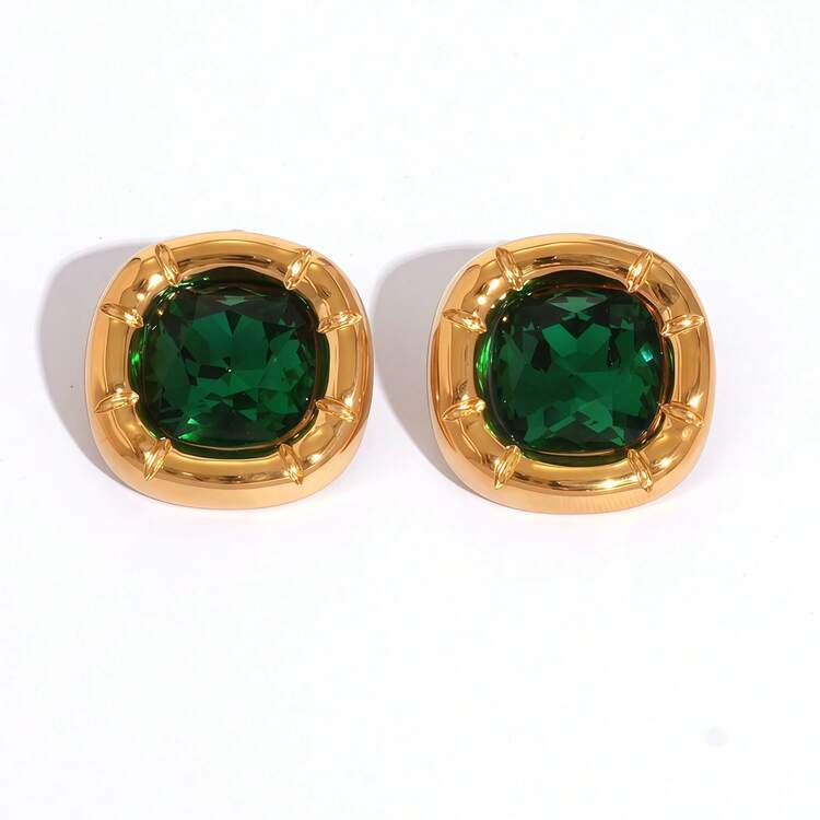 Frminee 1 Pair Vintage 18K Gold Plated Stainless Steel Zirconia Stud Earrings, Women's Jewelry Accessories Gemstone, Western Jewelry, Cubic Zirconia Decorative Stud Earrings, Perfect For Women To Wear As An Everyday Accessory Or Wedding Gift - Green - View 5