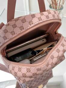 Women's Mini Printed Backpack, Faux Leather Material, Adjustable Shoulder Strap, Casual Zipper Shoulder Bag, Portable And Lightweight, Suitable For Teenagers, Women, College Students, For Outdoor, Travel, Hiking, Back To School, Work, Business, Commuting, Pink - Pink - View 4