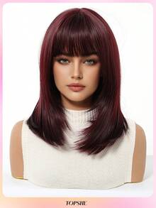Atmungsaktive und bequeme 14-Zoll-Bob-Perücke mit Pony, burgunderrot, gerade, schulterlang, Perücken für Frauen, hitzebeständiges synthetisches Haar, für Alltag, Party, Festival