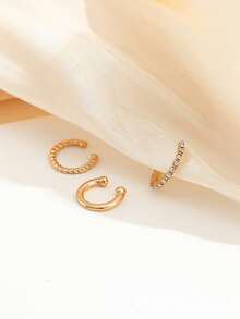 1 Set Of 3 Retro C-Shape Rhinestone Ear Clips Suitable For Women, Daily, Festival, Party - 金色 - 查看 3