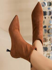 Women's Pointed Toe High Heel Ankle Boots, New Small Kitten Heel Faux Suede Boots For Winter - Brown - View 4