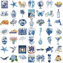 50 件蓝色卡通 Ins 风格贴纸美观乙烯基贴纸贴花剪贴簿、日记本、笔记本电脑、保险杠、滑板、水瓶、电脑、手机 - 彩色 - 查看 3