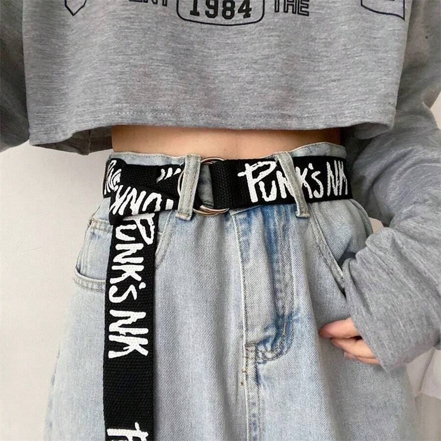 男女通用黑色朋克帆布长腰带