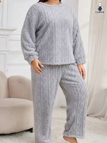 Plus Size Women Plush Jacquard Thermal Lined Warm Sleepwear Set, Autumn/Winter, Fall Clothes, Cozy Outfit, Fluffy Pajama - Grey - View 4
