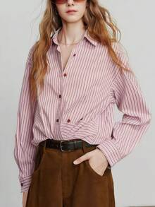 2025 Autumn New Asymmetric Patchwork Design Striped Long Sleeve Cardigan Blouse