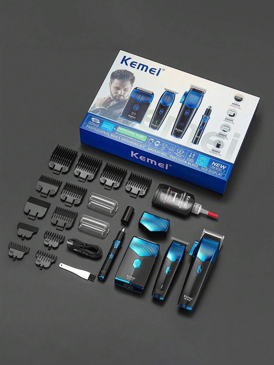 Kemei KM - 8534 4 件男士美容套装 - USB 充电理发器、电动剃须刀、精准修剪器、胡须造型工具和无线鼻毛修剪器 | 无线设计 | [夏季美容] 生日/节日/周年纪念日的完美礼物（丈夫、儿子、伴侣、朋友）