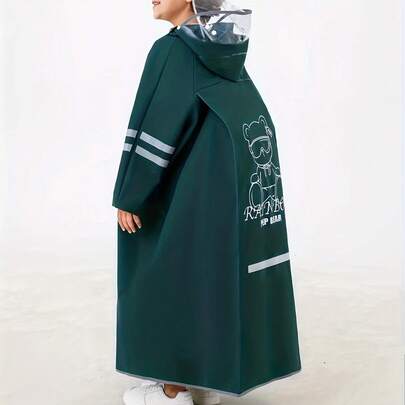 儿童带帽雨衣，带背包储物空间 - 绿松石色 EVA 全身雨衣，适合男孩和女孩，可重复使用，弹性袖口，拉链闭合，小熊和“RAIN BEACH”图案，非常适合上学、户外活动和休闲穿着。