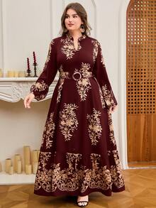 DEARCASE Plus Size Floral Print Lantern Sleeve Dress - Burgundy - View 1